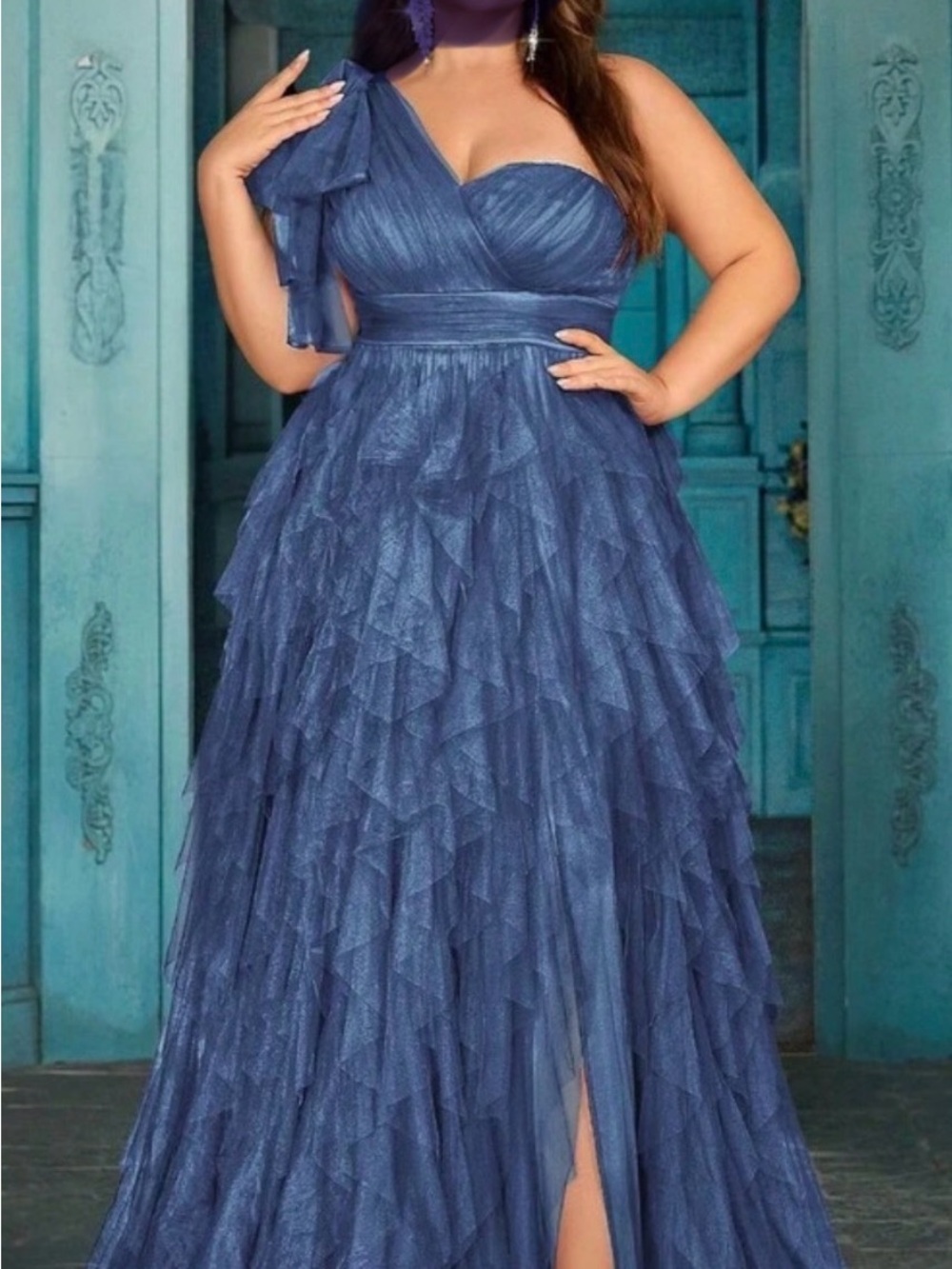 SHEIN Blue One-Shoulder Ruffled Tulle Evening Gown